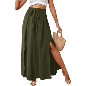 imageLYANER Womens Tie Front High Waist Side Split Slit Flowy Wide Leg Pleated Pant with BeltArmy Green