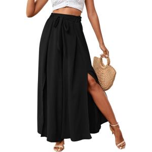imageLYANER Womens Tie Front High Waist Side Split Slit Flowy Wide Leg Pleated Pant with BeltBlack