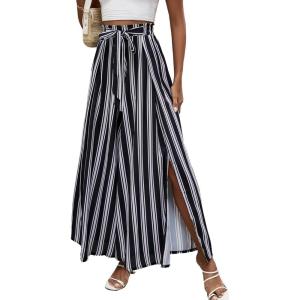 imageLYANER Womens Tie Front High Waist Side Split Slit Flowy Wide Leg Pleated Pant with BeltBlack Stripe