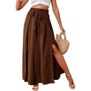 imageLYANER Womens Tie Front High Waist Side Split Slit Flowy Wide Leg Pleated Pant with BeltBrown