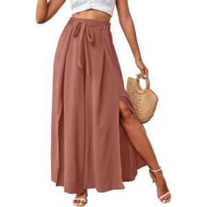 imageLYANER Womens Tie Front High Waist Side Split Slit Flowy Wide Leg Pleated Pant with BeltCoral Red