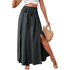imageLYANER Womens Tie Front High Waist Side Split Slit Flowy Wide Leg Pleated Pant with BeltDark Gray
