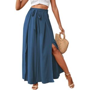 imageLYANER Womens Tie Front High Waist Side Split Slit Flowy Wide Leg Pleated Pant with BeltDusty Blue
