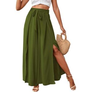 imageLYANER Womens Tie Front High Waist Side Split Slit Flowy Wide Leg Pleated Pant with BeltGreen