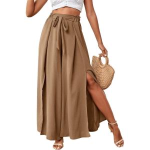 imageLYANER Womens Tie Front High Waist Side Split Slit Flowy Wide Leg Pleated Pant with BeltKhaki