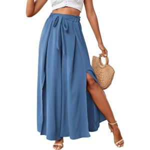 imageLYANER Womens Tie Front High Waist Side Split Slit Flowy Wide Leg Pleated Pant with BeltLake Blue