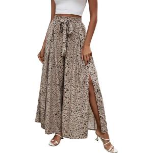 imageLYANER Womens Tie Front High Waist Side Split Slit Flowy Wide Leg Pleated Pant with BeltLeopard