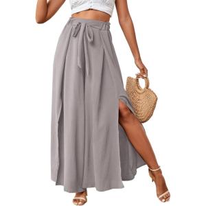 imageLYANER Womens Tie Front High Waist Side Split Slit Flowy Wide Leg Pleated Pant with BeltLight Gray