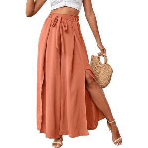 imageLYANER Womens Tie Front High Waist Side Split Slit Flowy Wide Leg Pleated Pant with BeltLight Orange