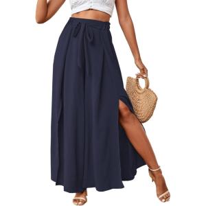 imageLYANER Womens Tie Front High Waist Side Split Slit Flowy Wide Leg Pleated Pant with BeltNavy Blue