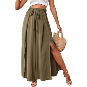 imageLYANER Womens Tie Front High Waist Side Split Slit Flowy Wide Leg Pleated Pant with BeltOlive Green