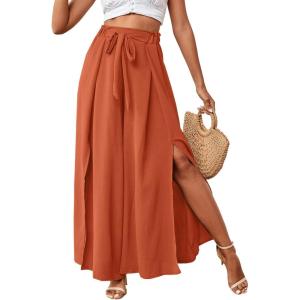 imageLYANER Womens Tie Front High Waist Side Split Slit Flowy Wide Leg Pleated Pant with BeltPumpkin Orange