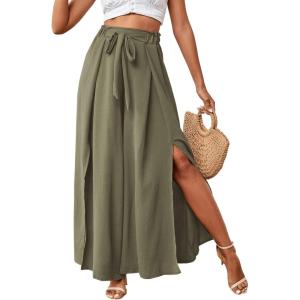 imageLYANER Womens Tie Front High Waist Side Split Slit Flowy Wide Leg Pleated Pant with BeltSolid Olive Green