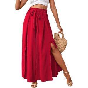 imageLYANER Womens Tie Front High Waist Side Split Slit Flowy Wide Leg Pleated Pant with BeltSolid Red