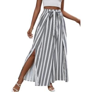 imageLYANER Womens Tie Front High Waist Side Split Slit Flowy Wide Leg Pleated Pant with BeltWhite Stripe