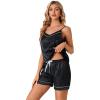 imageLYANER Womens 4pcs Pajamas Sets Short Sleeve Cami Silk Satin Button Down Shirt Pjs SleepwearBlack