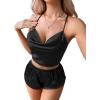 imageLYANER Womens Silky Satin Pajamas Set Cami Crop Top with Shorts Lingerie Sleepwear PJ SetSolid Black
