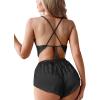imageLYANER Womens Silky Satin Pajamas Set Cami Crop Top with Shorts Lingerie Sleepwear PJ SetSolid Black