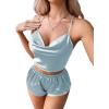 imageLYANER Womens Silky Satin Pajamas Set Cami Crop Top with Shorts Lingerie Sleepwear PJ SetSolid Dusty Blue