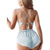 imageLYANER Womens Silky Satin Pajamas Set Cami Crop Top with Shorts Lingerie Sleepwear PJ SetSolid Dusty Blue