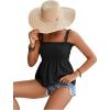 imageLYANER Womens Tie Shoulder Frill Shirred Ruffle Hem Sleeveless Strappy Cami Blouse Peplum TopBlack