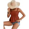 imageLYANER Womens Tie Shoulder Frill Shirred Ruffle Hem Sleeveless Strappy Cami Blouse Peplum TopCaramel