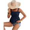 imageLYANER Womens Tie Shoulder Frill Shirred Ruffle Hem Sleeveless Strappy Cami Blouse Peplum TopNavy Blue