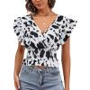 imageLYANER Womens V Neck Ruffle Cap Sleeve Shirred Blouse Sexy Crop Tank TopCow Print