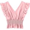 imageLYANER Womens V Neck Ruffle Cap Sleeve Shirred Blouse Sexy Crop Tank TopPink