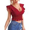 imageLYANER Womens V Neck Ruffle Cap Sleeve Shirred Blouse Sexy Crop Tank TopRed