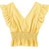 imageLYANER Womens V Neck Ruffle Cap Sleeve Shirred Blouse Sexy Crop Tank TopYellow