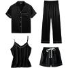 imageLYANER Womens 4pcs Pajamas Sets Short Sleeve Cami Silk Satin Button Down Shirt Pjs SleepwearBlack