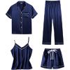 imageLYANER Womens 4pcs Pajamas Sets Short Sleeve Cami Silk Satin Button Down Shirt Pjs SleepwearNavy