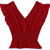 imageLYANER Womens V Neck Ruffle Cap Sleeve Shirred Blouse Sexy Crop Tank TopRed Solid