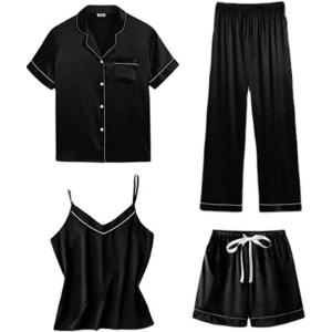 imageLYANER Womens 4pcs Pajamas Sets Short Sleeve Cami Silk Satin Button Down Shirt Pjs SleepwearBlack