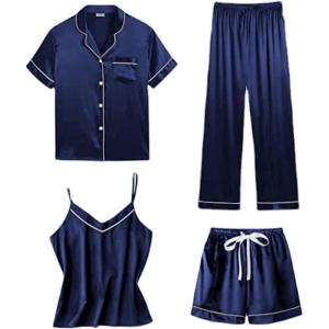 imageLYANER Womens 4pcs Pajamas Sets Short Sleeve Cami Silk Satin Button Down Shirt Pjs SleepwearNavy