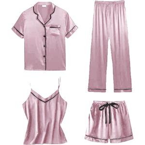 imageLYANER Womens 4pcs Pajamas Sets Short Sleeve Cami Silk Satin Button Down Shirt Pjs SleepwearPink