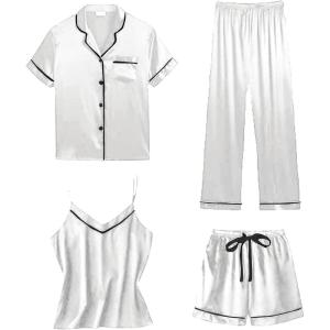 imageLYANER Womens 4pcs Pajamas Sets Short Sleeve Cami Silk Satin Button Down Shirt Pjs SleepwearWhite
