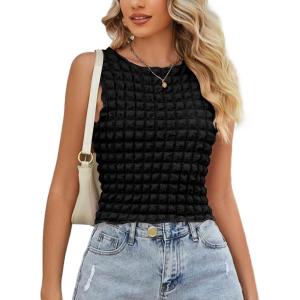 imageLYANER Womens Crewneck Popcorn Crop Tops Sleeveless Going Out Tops Tank ShirtBlack