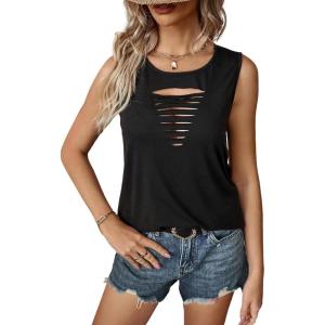 imageLYANER Womens Cut Out Sleeveless Pullover Cami Solid Round Neck Casual Stylish Tank TopBlack