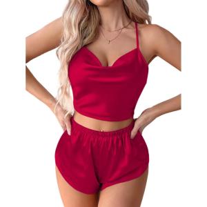 imageLYANER Womens Silky Satin Pajamas Set Cami Crop Top with Shorts Lingerie Sleepwear PJ SetBurgundy