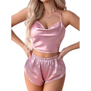 imageLYANER Womens Silky Satin Pajamas Set Cami Crop Top with Shorts Lingerie Sleepwear PJ SetPink