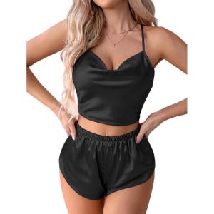 imageLYANER Womens Silky Satin Pajamas Set Cami Crop Top with Shorts Lingerie Sleepwear PJ SetSolid Black