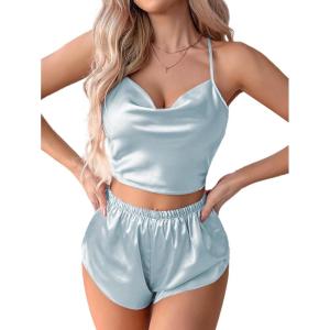 imageLYANER Womens Silky Satin Pajamas Set Cami Crop Top with Shorts Lingerie Sleepwear PJ SetSolid Dusty Blue