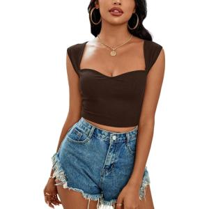 imageLYANER Womens Square Neck Ribbed Knit Sleeveless Slim Fit Solid Crop Top ShirtBrown