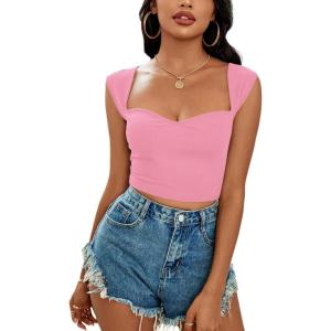 imageLYANER Womens Square Neck Ribbed Knit Sleeveless Slim Fit Solid Crop Top ShirtPink