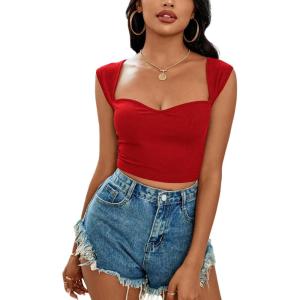 imageLYANER Womens Square Neck Ribbed Knit Sleeveless Slim Fit Solid Crop Top ShirtRed