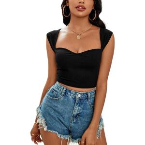 imageLYANER Womens Square Neck Ribbed Knit Sleeveless Slim Fit Solid Crop Top ShirtSolid Black
