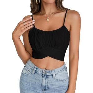 imageLYANER Womens Summer Square Neck Spaghetti Strap Wrap Tie Up Back Crop Top Cami BlouseBlack