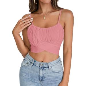 imageLYANER Womens Summer Square Neck Spaghetti Strap Wrap Tie Up Back Crop Top Cami BlouseLight Pink